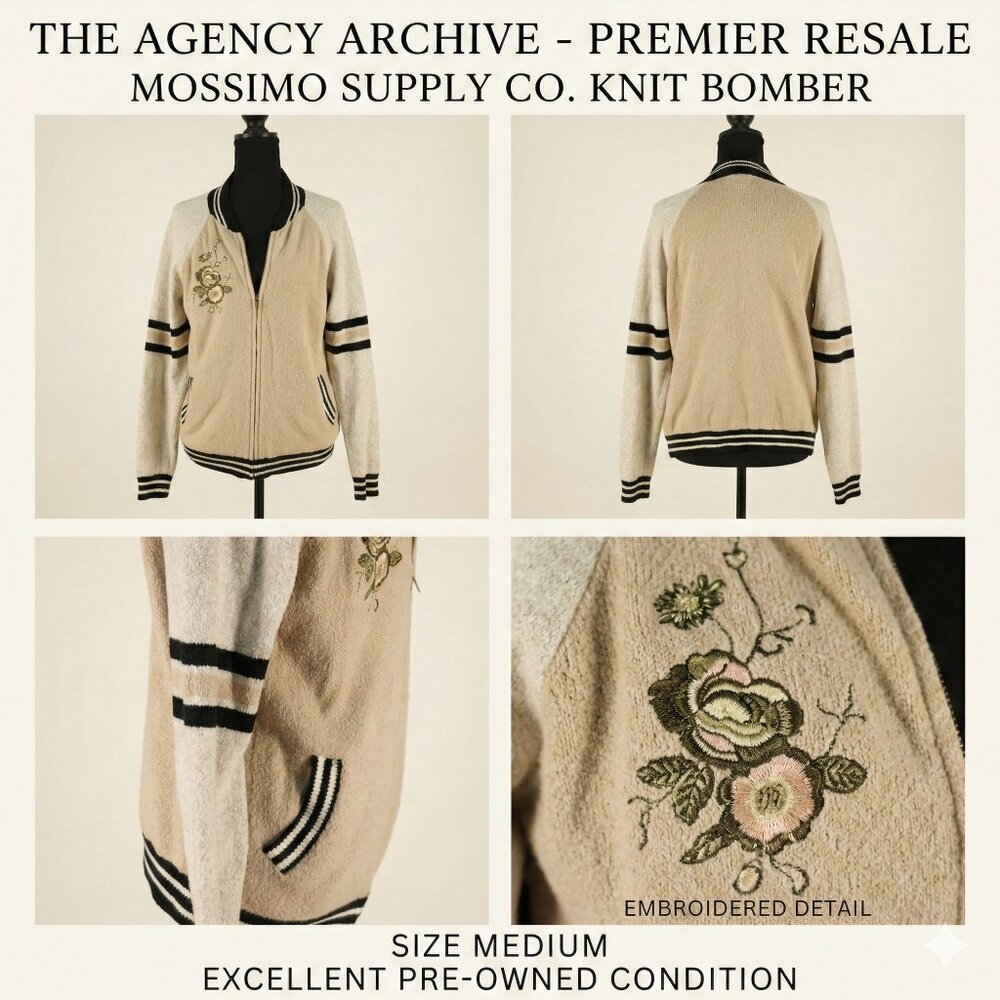 Collegiate Mossimo Supply Co. Knit Embroidered Bomber Jacket in Beige/Grey.